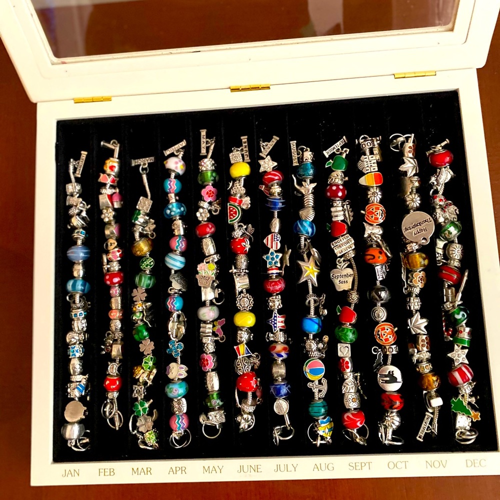 Sterling charm bracelets 12 months display case